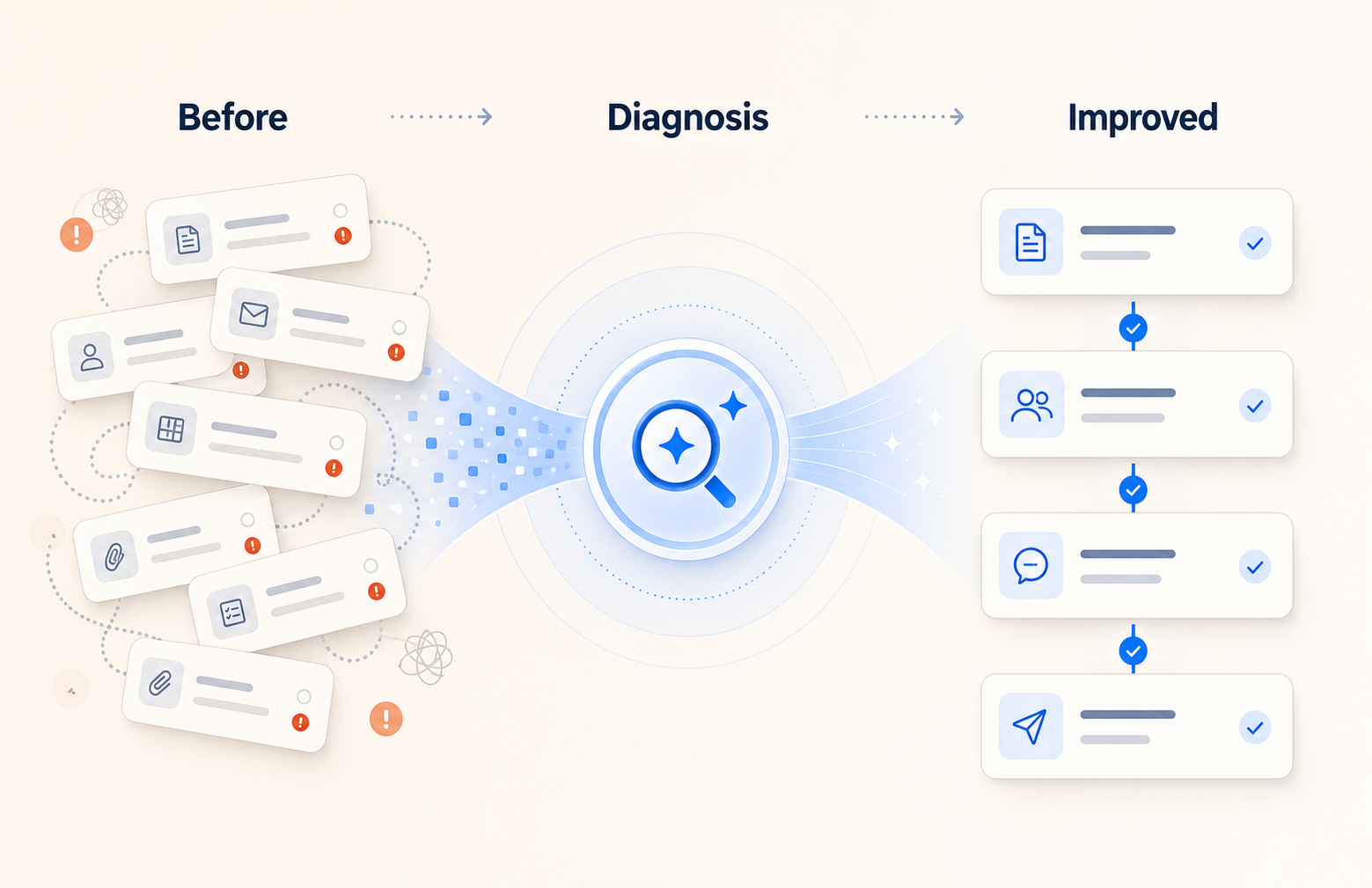 흩어진 반복 업무가 AI 진단을 거쳐 정리된 워크플로우로 바뀌는 Before Diagnosis Improved 이미지